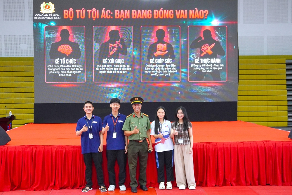 Báo cáo viên chia sẻ các tình huống thực tế và phương thức, thủ đoạn của các loại tội phạm hiện nay thông qua tương tác trực tiếp với sinh viên.